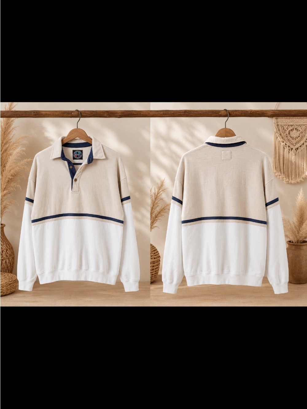 Jordache Beige, White and Navy Zip-Up Rugby Sweater